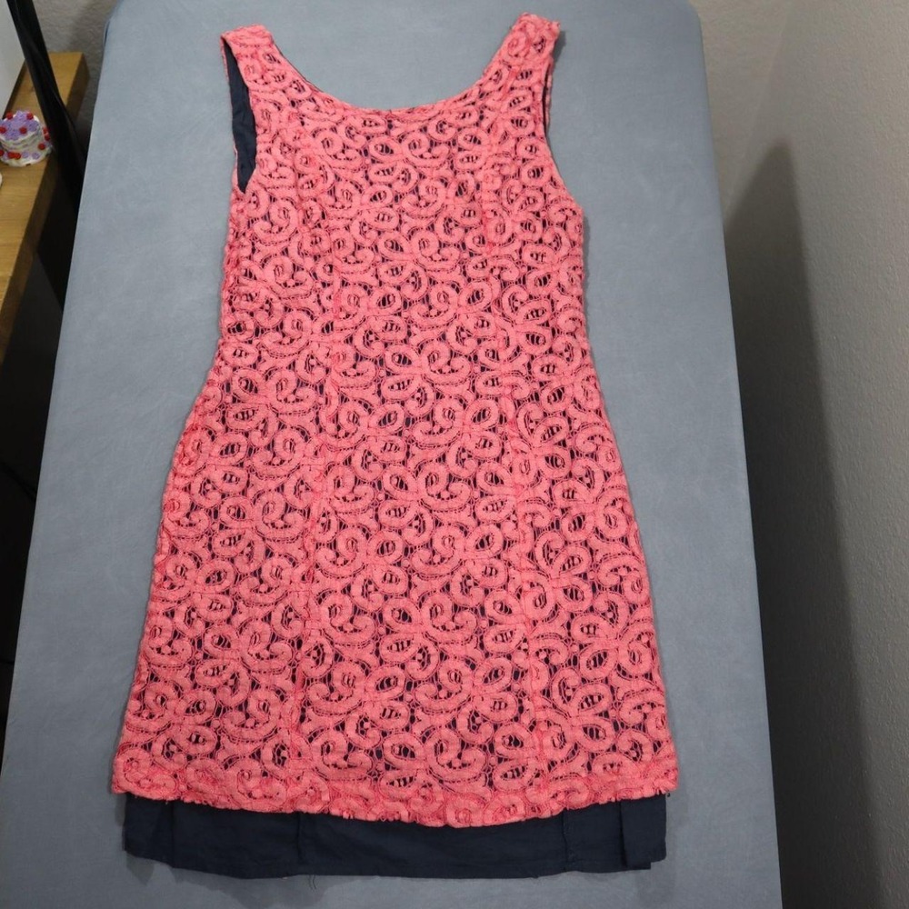 Hearts Coral Pink Lace Mini Dress Sleeveless Layered Navy Shift M